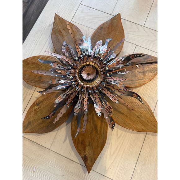 Other - Large 21" Handcrafted Wood and Metal Floral Wall Sculpture Art African
